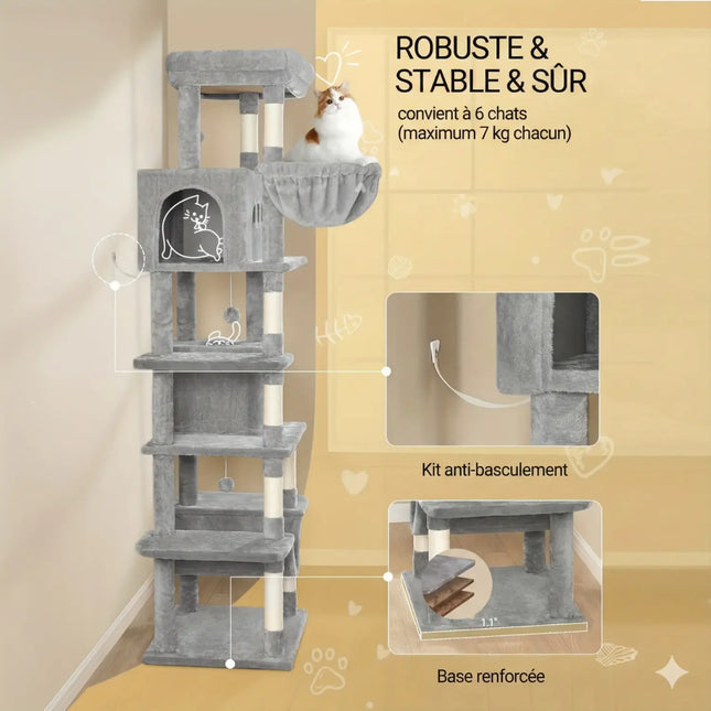 Arbre à Chat en Bois XXL Stable 210cm - Idéal Grands Chats - Poteaux Sisal & Perchoir Large (60cm)