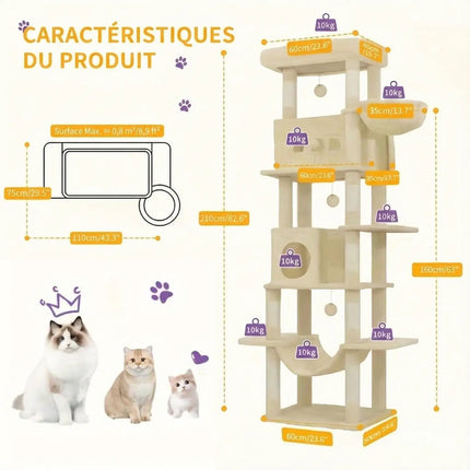 Arbre à Chat en Bois XXL Stable 210cm - Idéal Grands Chats - Poteaux Sisal & Perchoir Large (60cm)