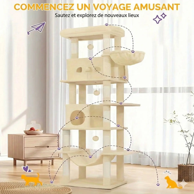 Arbre à Chat en Bois XXL Stable 210cm - Idéal Grands Chats - Poteaux Sisal & Perchoir Large (60cm)